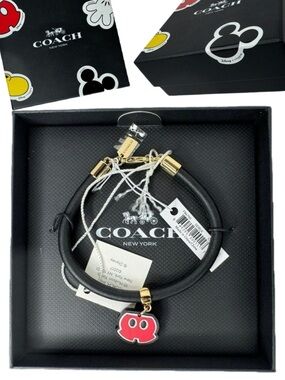 Coach Mickey Mouse Body Parts Shorts Leather Black Cord Bracelet in Box F86790